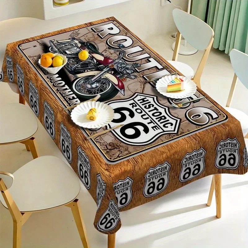 1pc Vintage Motorcycle Pattern Tablecloth - Country Wood Grain Material, Rectangular Tablecloth, yzb