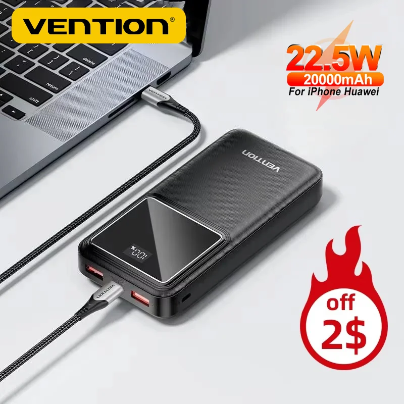 Vention 20000mAh Power Bank Fast Charge Auxiliary Battery 22.5W PD Portable PowerBank for iPhone 16 15 Xiaomi External Batteries