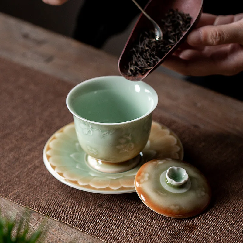 Celadon Hand-made Embossed Flowers Three Talents Tea Tureen Household Tea Bowl Chinese Style Single Gaiwan Kung Fu Tea Household