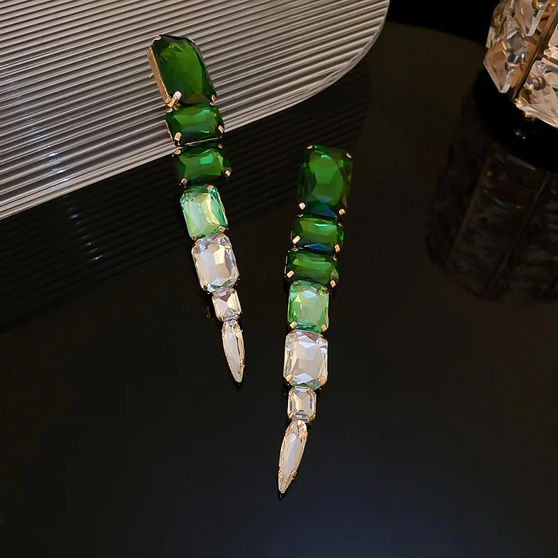 FYUAN Square Green Crystal Earrings Oversize Ladys Long Geometric Dangle Earrings for Women Fashion Jewelry Gifts