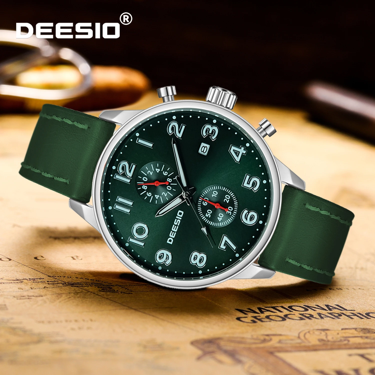 

Deesio Роскошные мужские аналоговые кварцевые часы с кожаным ремешком, циферблат 44 мм, механизм CN, 50 м, водонепроницаемые, идеальный подарок на Рождество, день рождения