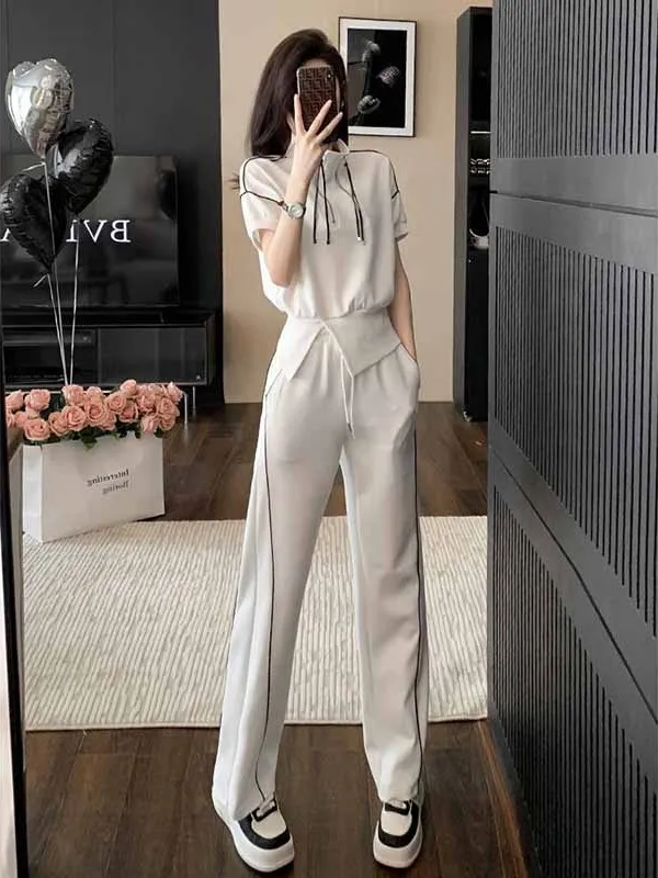 

Большие размеры 300, повседневные спортивные женские летние брюки ort Sve, широкие брюки, тонкий комплект из двух предметов, полиэфирное волокно