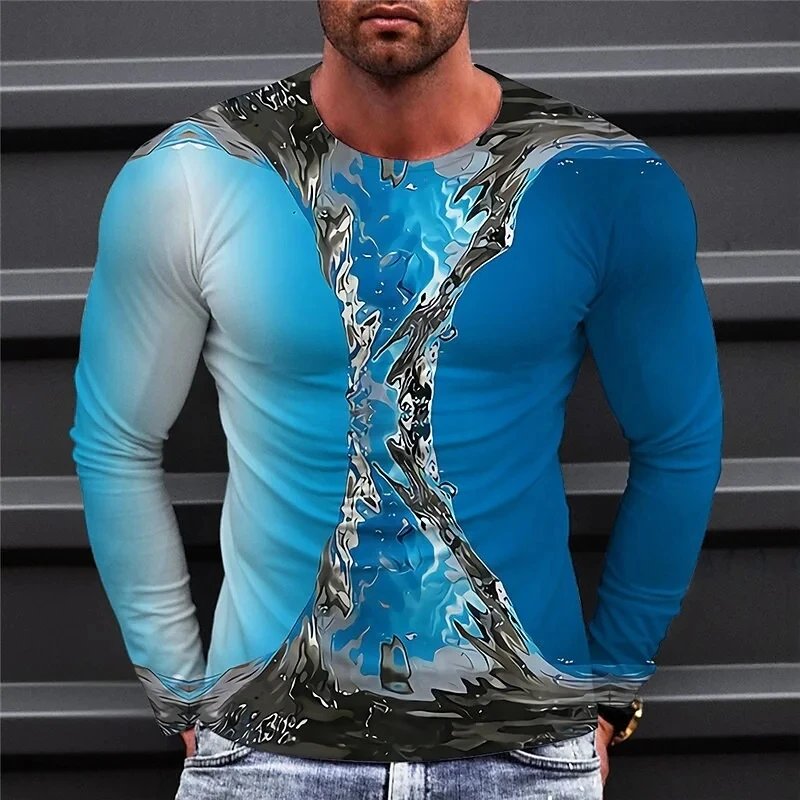 New European Water Wave Picture  Men long sleeved T-shirt Casual Printed Tees Hip-hop Personality Round Neck  Tops