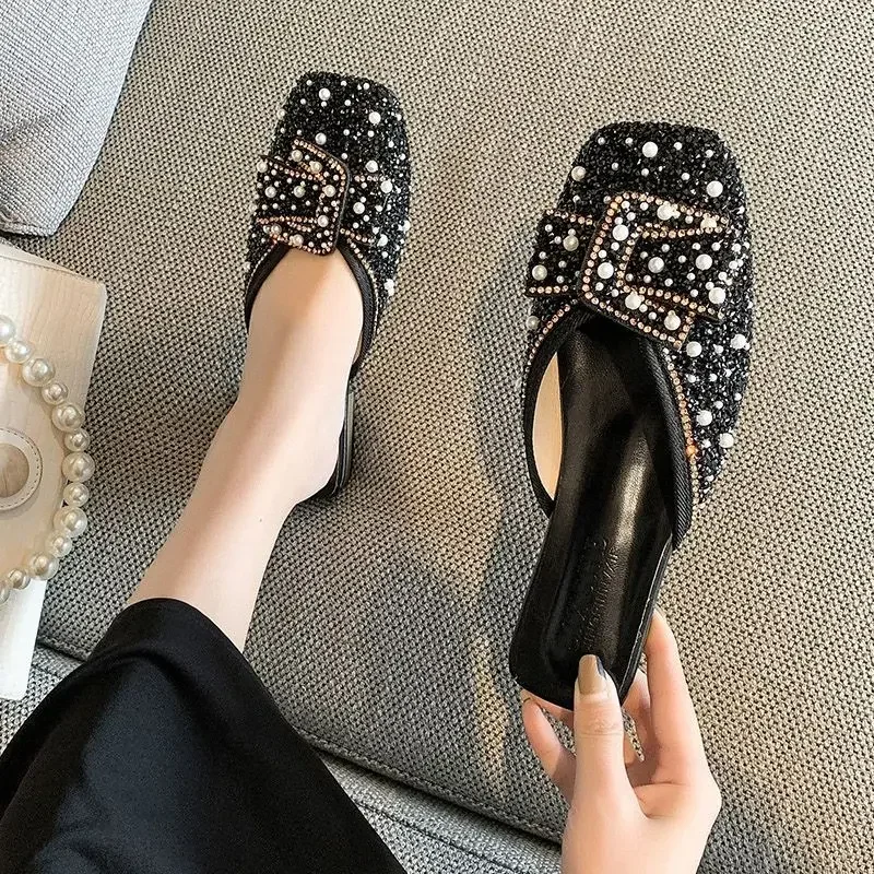 Glitter Elegant Mules Shoes for Women Sandals Fashion Heeled Rhinestone Sequin Slippers Summer New 2024 Flat Slipper Comfortable