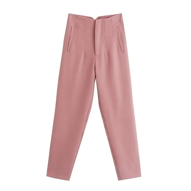 Straight Leg Pants High Waist Full Length Vintage Trousers for Women - Rose