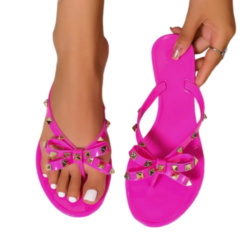 Women Bow-Knot Slippers Flat Shoes Lock Studded Rivets Purple Watermelon Red Outdoor Pvc Plastic Slides 36-42 26cm Cheap Pricing