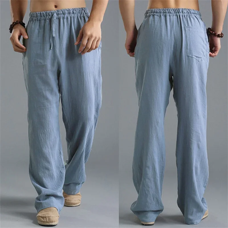 

2025 New Solid Color Cotton Linen Men Pants Minimalist Basic Casual Drawstring Trousers Thin Plus Size Loose Straight Leg Pant