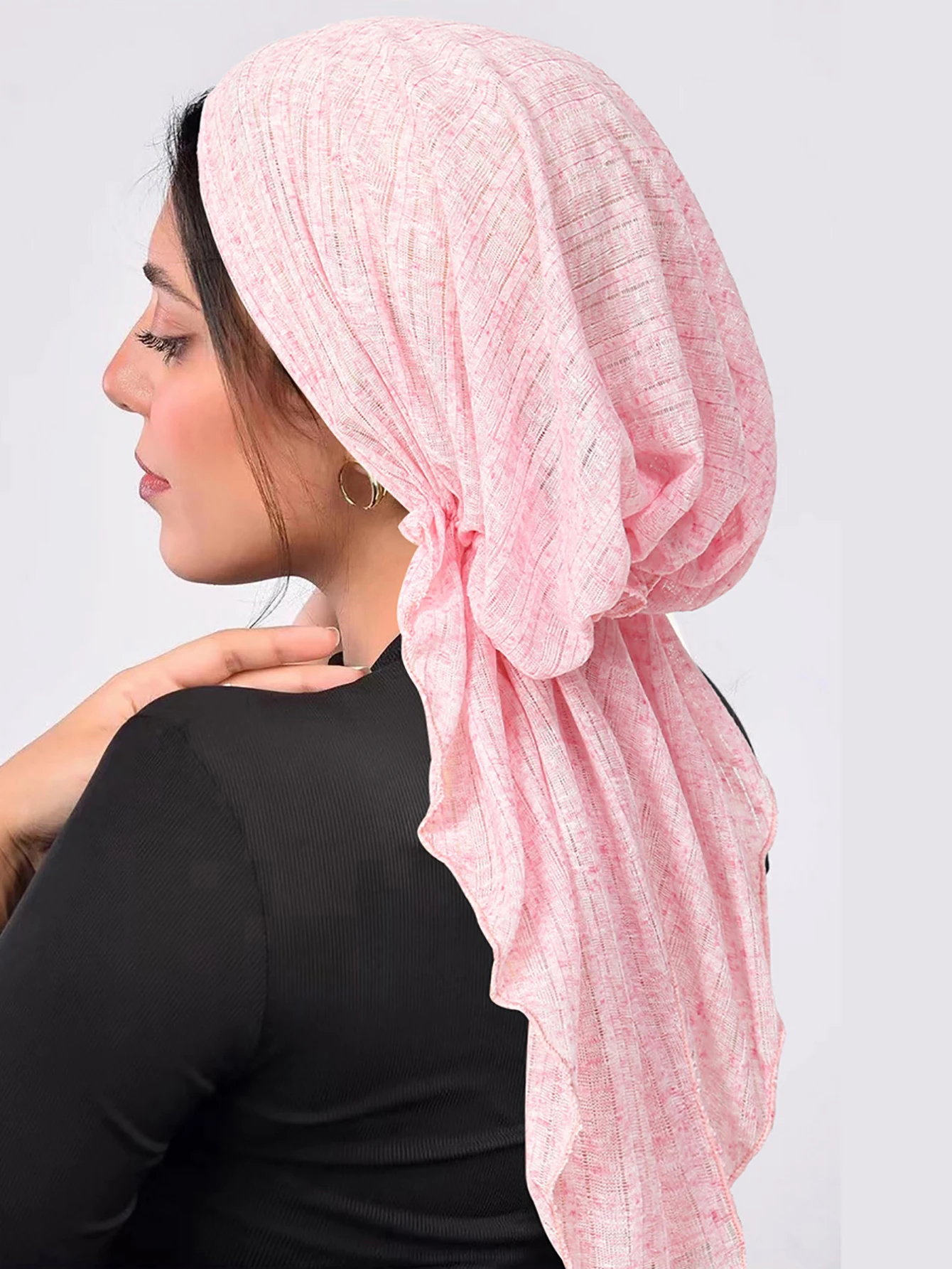 Solid Color Crinkle Muslim Hijab Caps Wrap Head Soft Elastic Long Tail Turban Bonnet Fashion Women Headdress Wearable