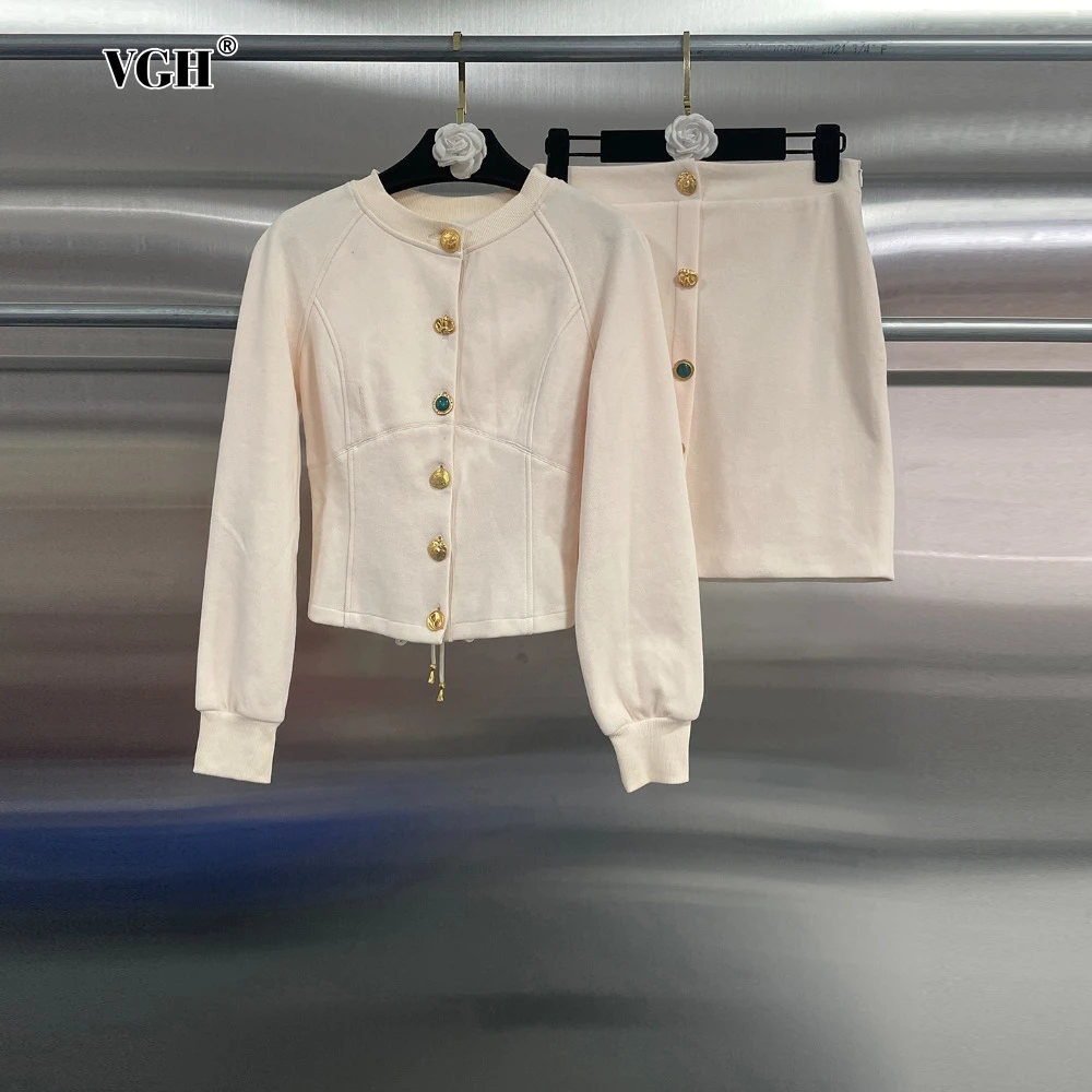 

VGH Solid Spliced Metal Buckle Two Piece Set for Women O Neck Long Sleeve Coat with Bandage High Waist Mini Skirt Sets Female