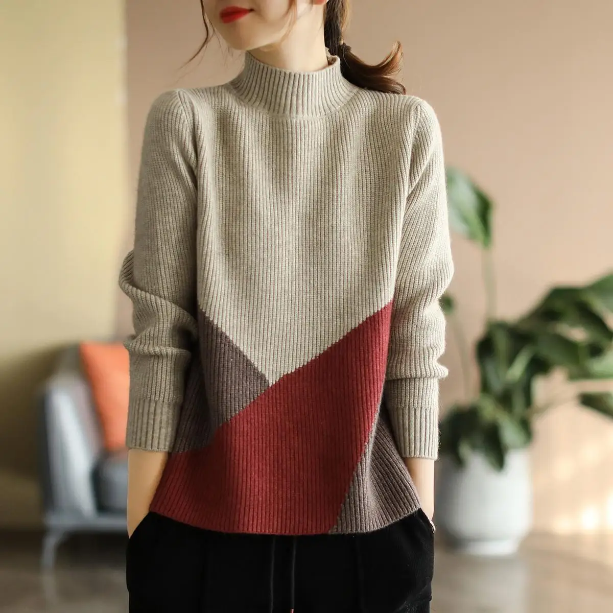 Autumn Winter Warm Panelled Vintage Sweaters Women's Clothing Long Sleeve Mock Neck Fashion Casual Loose Knitted Pullovers Tops