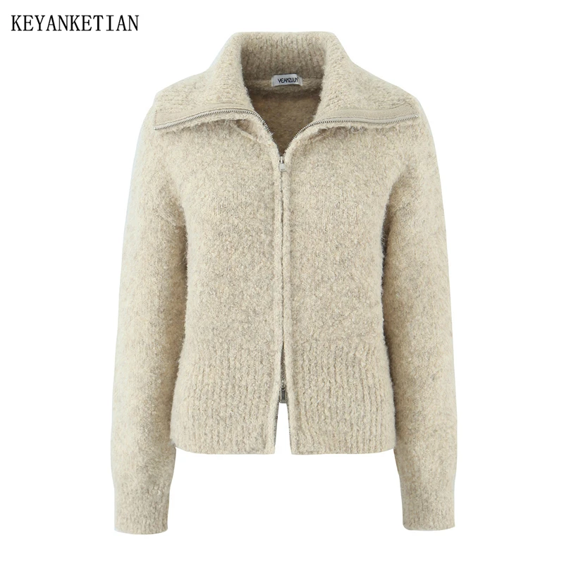 

KEYANKETIAN 2026, весенний новый женский шерстяной свитер на молнии, стиль для отдыха, свободный толстый теплый короткий вязаный топ с отложным воротником