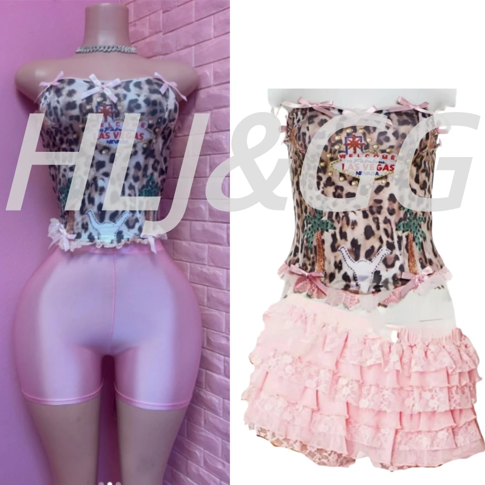

HLJ&GG Pink Y2K Fashion Leopard Street Women Sleeveless Slim Crop Tank Top And Ruffle Mini Skirts Shorts Two Piece Sets Outfits