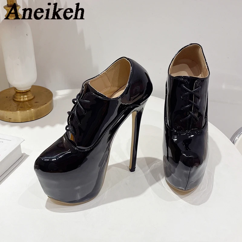 AneikehWomen\'s Patent Leather Round Head Platform Chelsea Boots 2024 Fashion Sexy Super High Heel Lace-Up AnkleBoots Party Dress