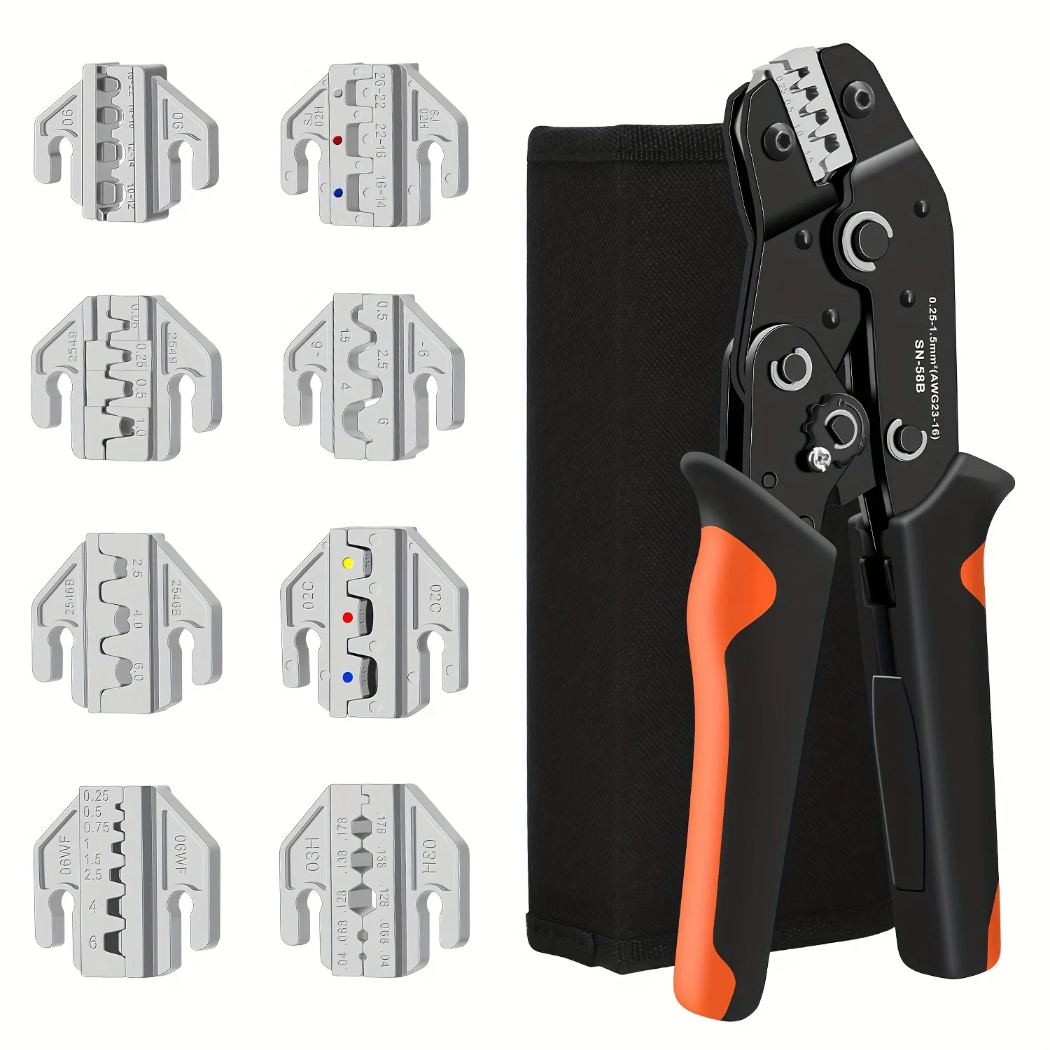 SN58B Crimpzangen-Set mit 8 Matrizen, Kraftsparende Ratschenzange, Crimpwerkzeug für Dupont, Isolierte, Ferrule-, Solar- und Offenbarrel-Anschlüsse