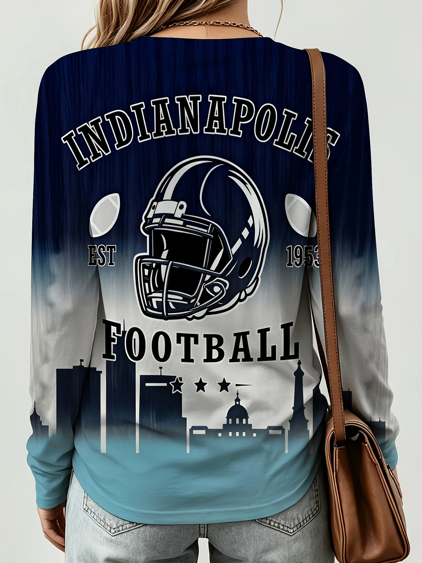 Women's Long Sleeve T-Shirt, Indianapolis Football Helmet 1953 City Skyline Print Top, All-Winter Holiday Style Top Suitable For Leisure And Sports Scenarios