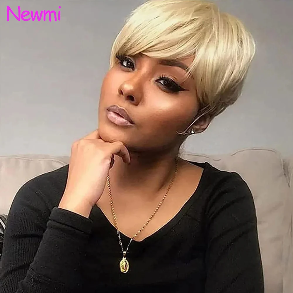 

Новый парик Newmi 613 Blonde Pixie Cut из 100% натуральных бразильских волос, короткий, машинной работы, с челкой