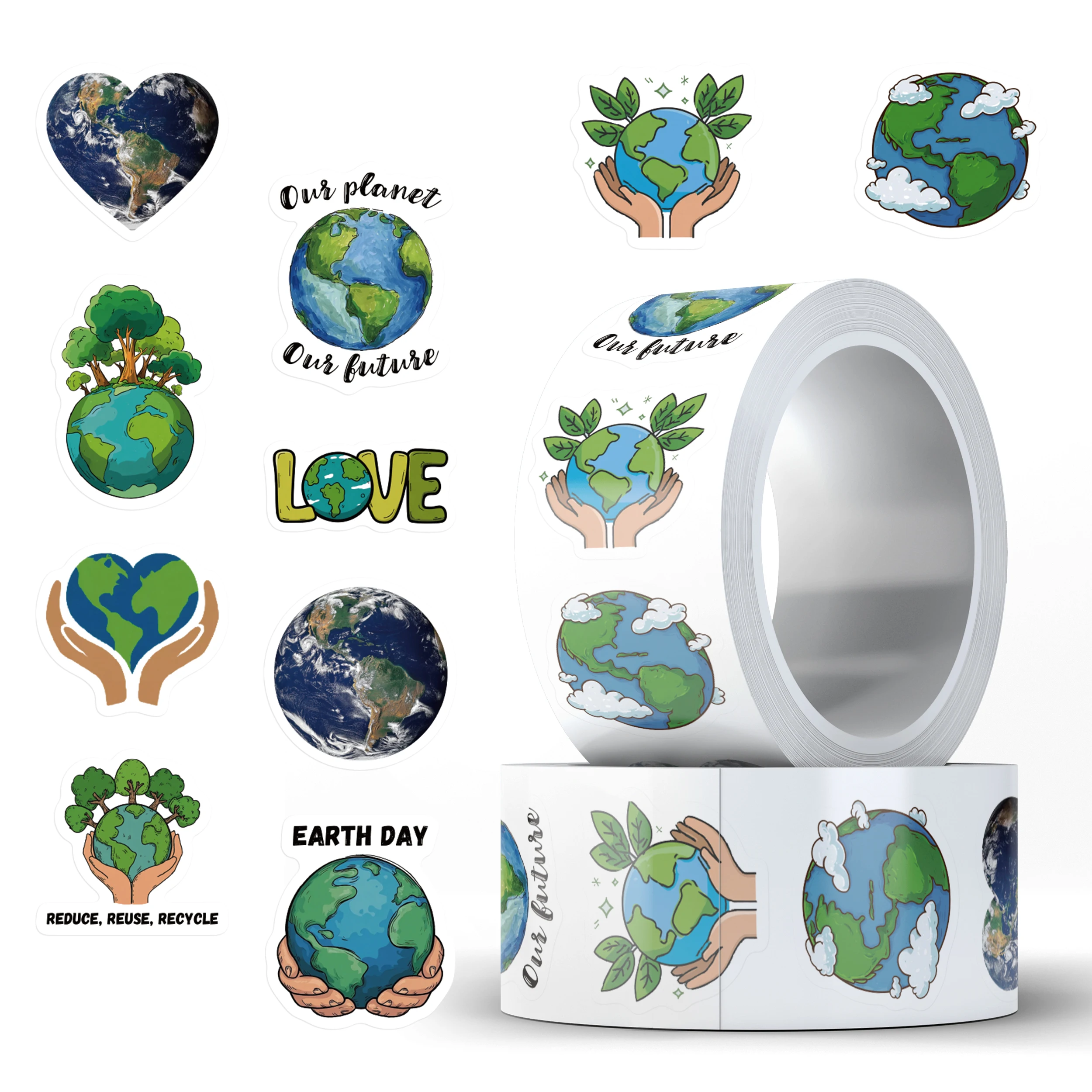 500Pcs Roll Earth Protection Stickers Green Planet Self Adhesive Decals For Scrapbook Journal Planner School Notebook Decor