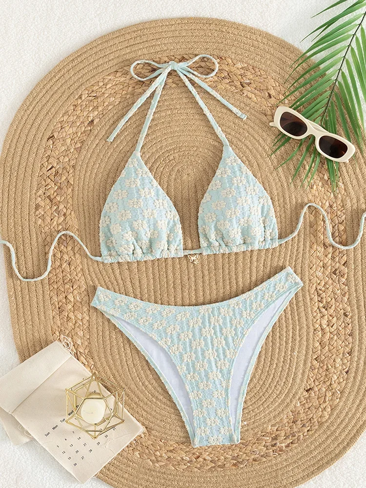 

Sexy Solid Floral Hollow Out Bikini Women Laced Up Split Swimsuit High Waist Beach Bikinis 2025 New Summer Swimwear Bikinis Set