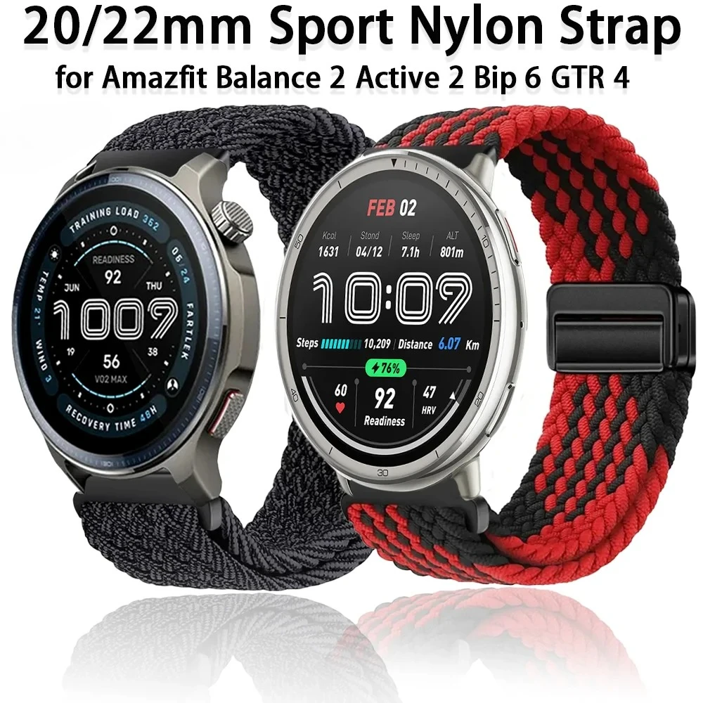 20 مللي متر 22 مللي متر حزام نايلون رياضي لـ Amazfit Balance 2 Active 2 Bip 6 5 سوار بإبزيم مغناطيسي لـ Amazfit GTR 4 GTS 4 3 Mini Band