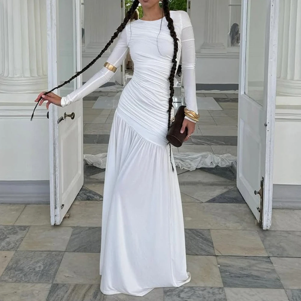 TWOTWINSTYLE Heiße Mädchen Falten Kleider für Frauen Rundhals Langarm Hohe Taille Modische Temperament Schlank Sheer Kleid Weibliche