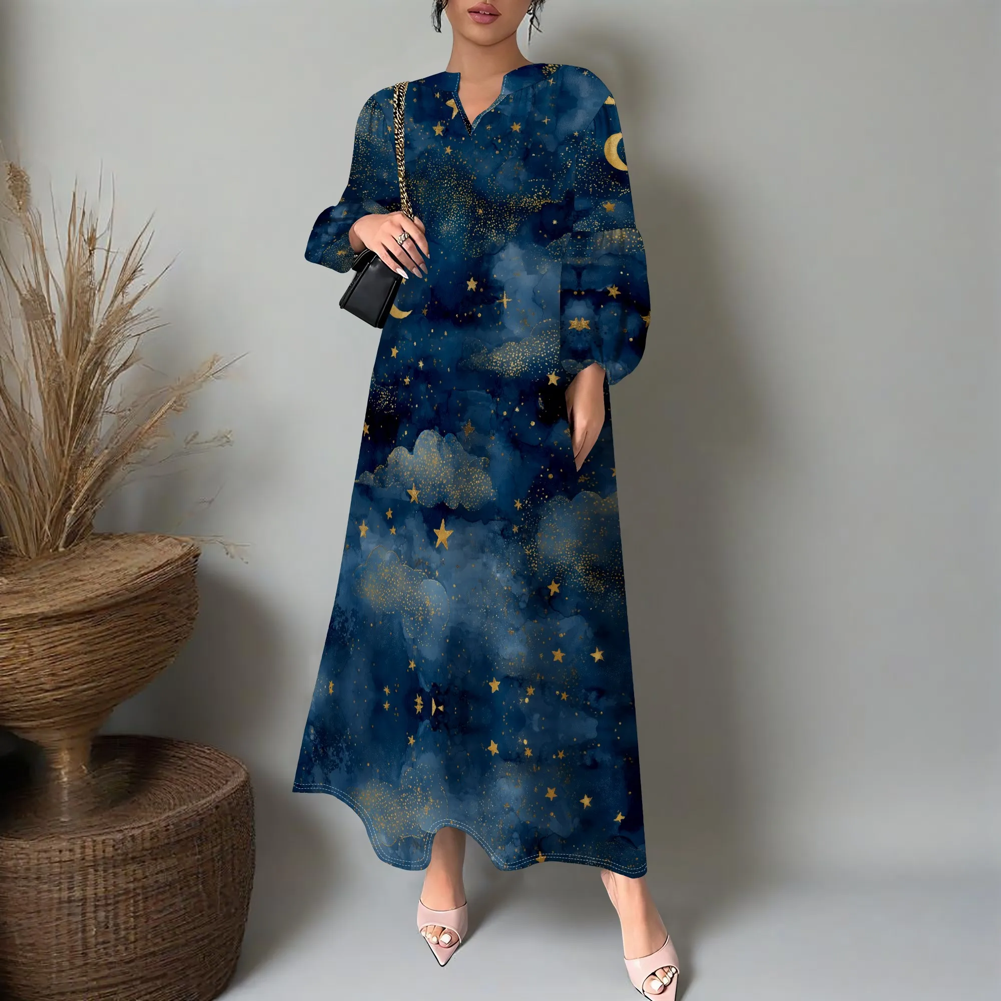 

Women's Moon Star Print Maxi Dress XS-3XL, Celestial Lantern Sleeve V-Neck Loose Fit Pockets Elegant Party Dress