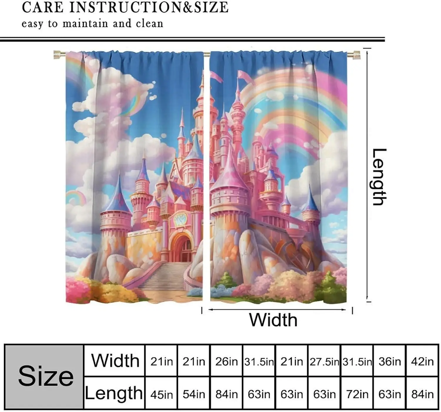 Rainbow Castle Curtains for Kids,Pink Dream Fairytale Wonderland Cloudy Rainbow Magic Princess Castle Window Drapes Print for