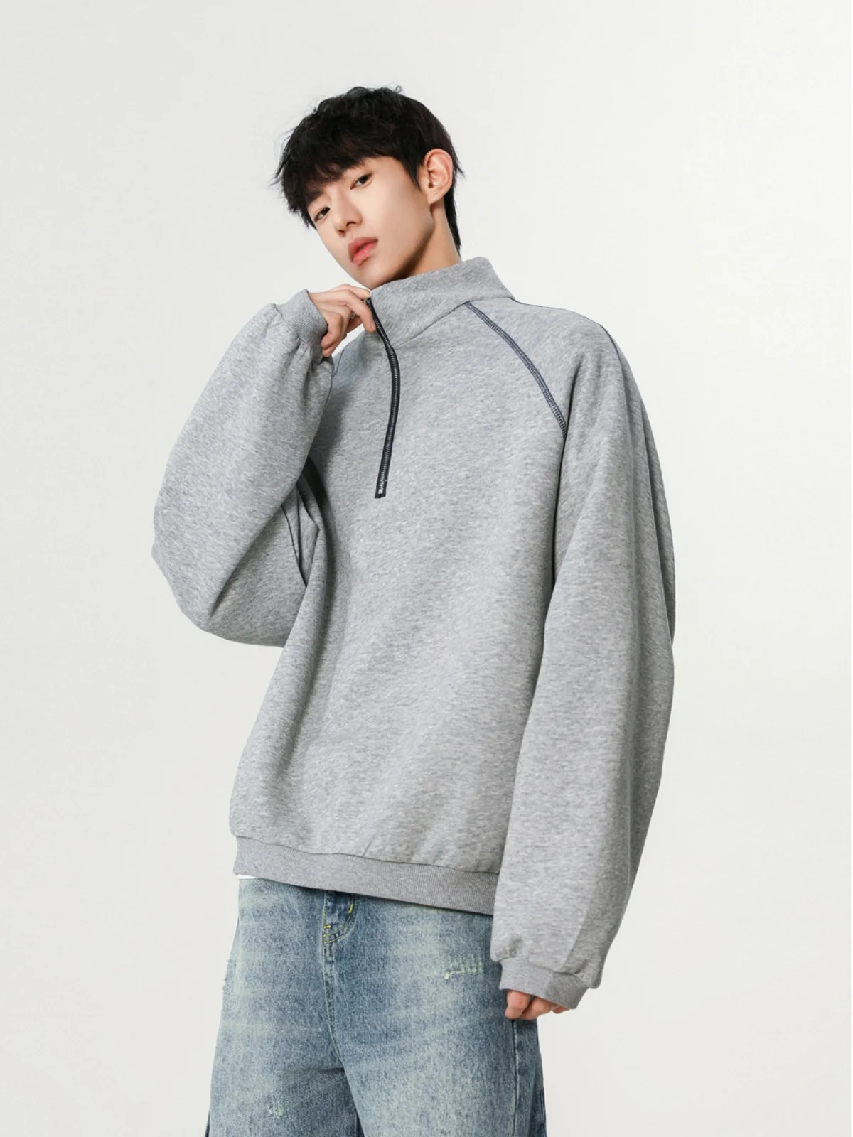 

Light Grey Zipper Stand Collar Sweatshirt Men's Spring Autumn Style Half Zipper American Retro Cleanfit High-End Shape Top