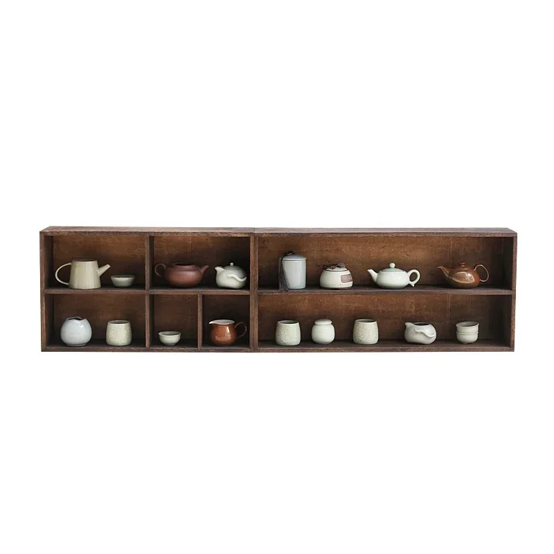 Solid wood purple clay pot Bogu shelf shelf wall hanging teacup storage rack ornament display rack wall storage shelf multi-trea