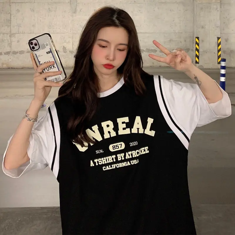 T-shirts Women Fake-two Letter All-match Summer Harajuku Half-sleeve Loose Tee-Tops College All-Match Casual Fashion Футболка