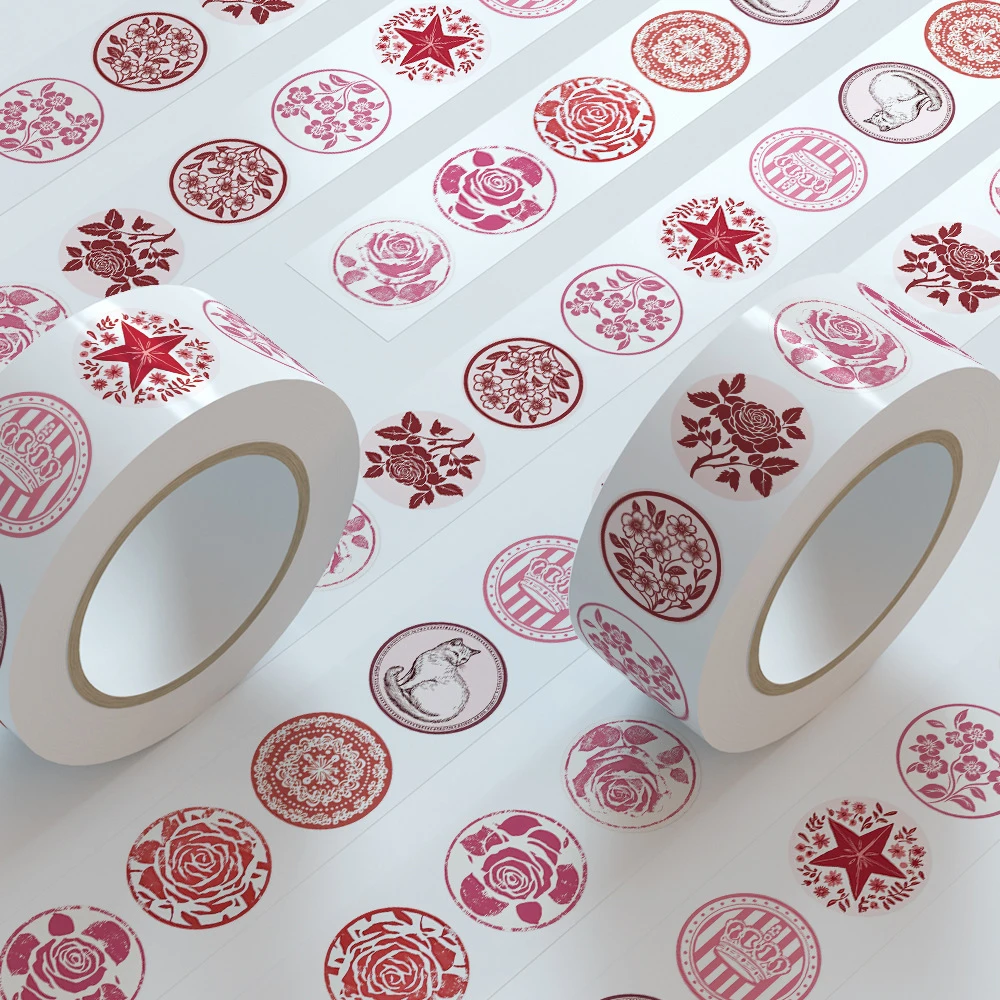 Rouleau d'autocollants de scellage à motif esthétique rose mignon, 500 pièces/rouleau, décalcomanies de chat de fleur de dessin animé, autocollant de décoration pour bagages, téléphone, carnet de notes, DIY bricolage