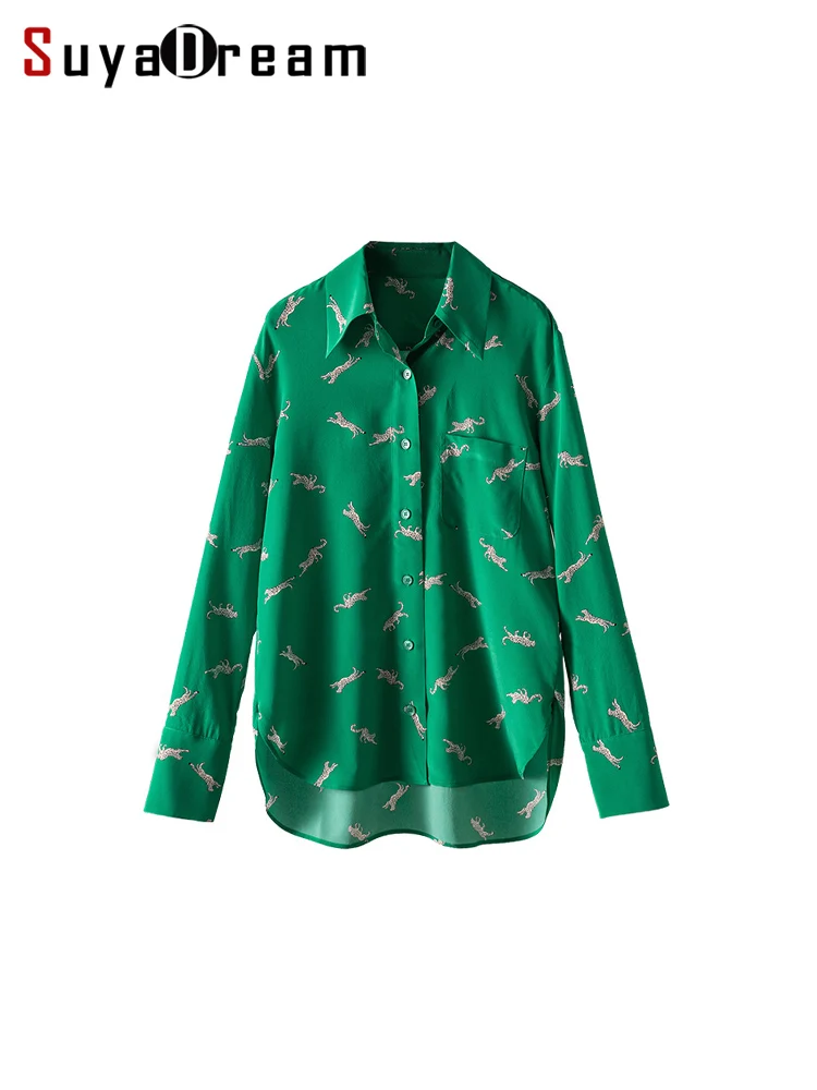 SuyaDreamm, Woman Printed Shirts, 100%Silk Crepe, Turn Down Collar Blouses, 2025 Spring Summer Elegant Top, Green, Red