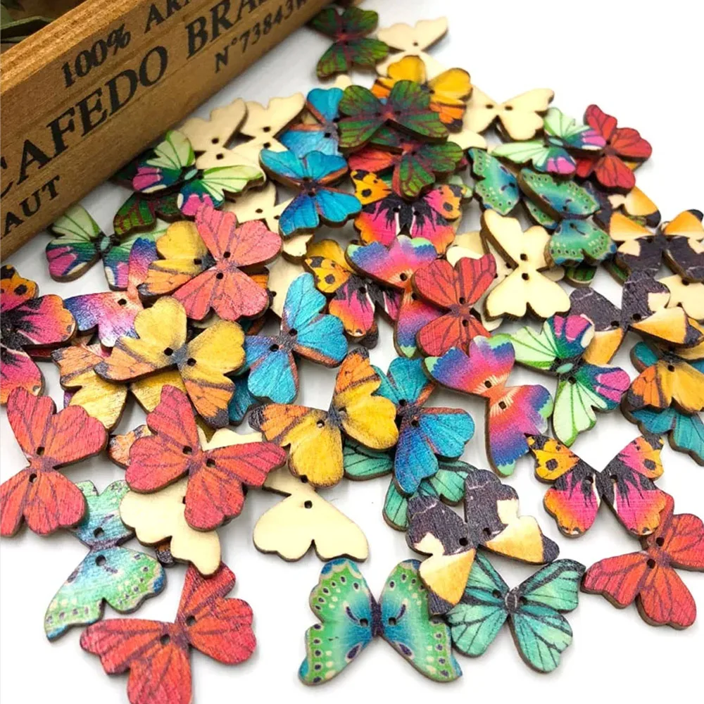 50pcs 2 Holes Mixed Butterfly Wooden Button Sewing Scrapbooking DIY Craft