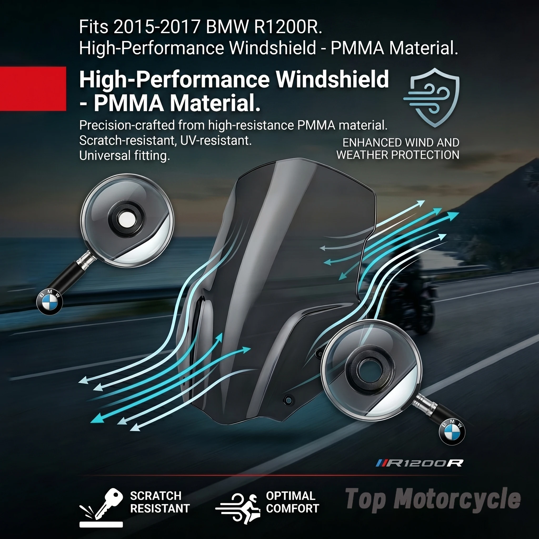 For BMW R1200R Windscreen Upgrade Kit for 15-17 Models Rear Windshield Heightening Modification for Enhanced Riding Experience