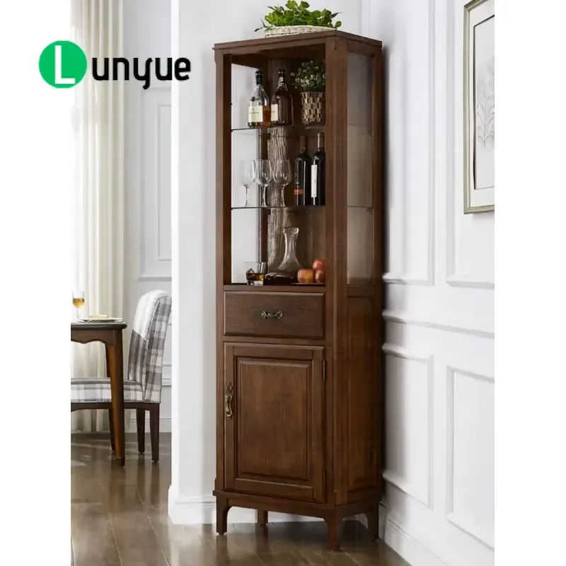 American Style Wooden Corner Display Cabinet Luxury Wine Storage with Glass Door Bar Furniture for Living Room Home Decor