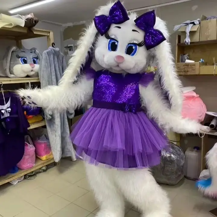 Conejo blanco mascota vestido púrpura conejito publicidad paseo mascota disfraces ropa carnaval fiesta desfile de moda