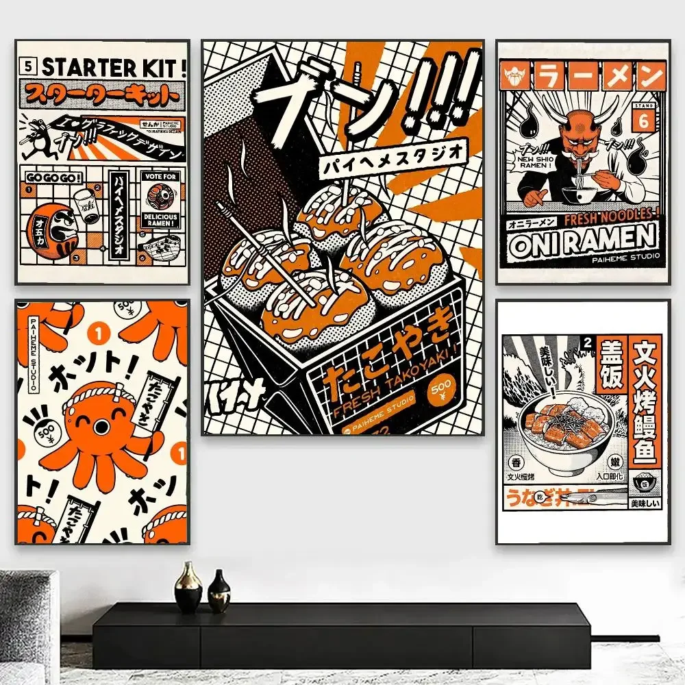 Takoyaki Oni Ramen Japanese Food Painting Self Adhesive Art Prints for Bedroom Living Room Wall Decor Home Decoration Gift