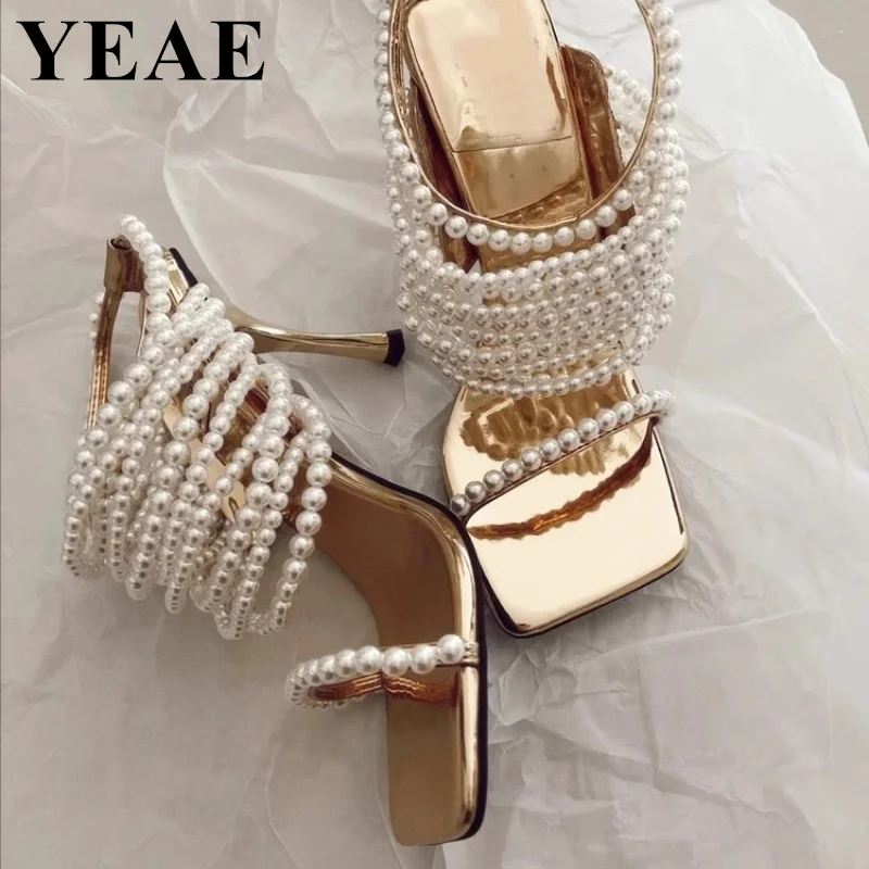 Luxury Designer Women String Bead Pearl Sandals 2024 Summer High Heels Ladies Slippers Fashion Banquet Party Wedding Shoes Bride