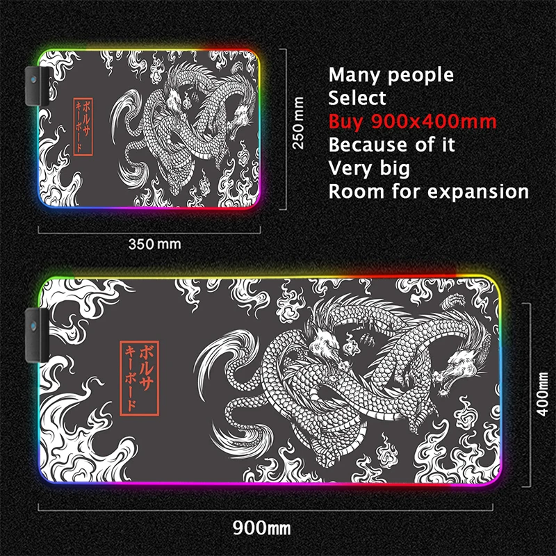 Dragon Art RGB Led Mouse Pad Japan Great Waves Backlight Office Gaming Accessories Original Black Gamer Keyboard DeskMat Carpets