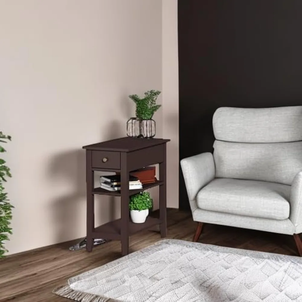 طاولة جانبية لمحطة الشحن لغرفة المعيشة مع منافذ USB ومنافذ طاقة ودرج مخفي وتخزين من 3 طبقات #6