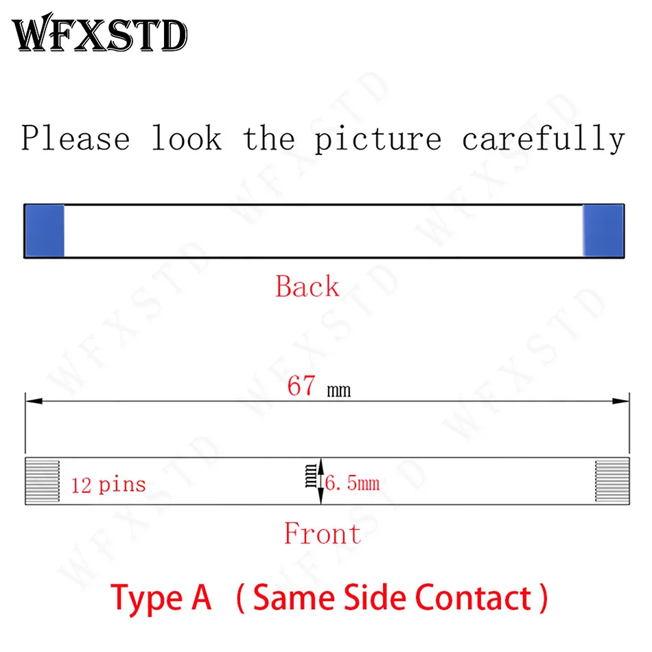 67mm 6.5mm 12Pins Type A Same Side Connect New Flex cable AWM 20861 105C 60V VW-1 Same side copper Contact Pins