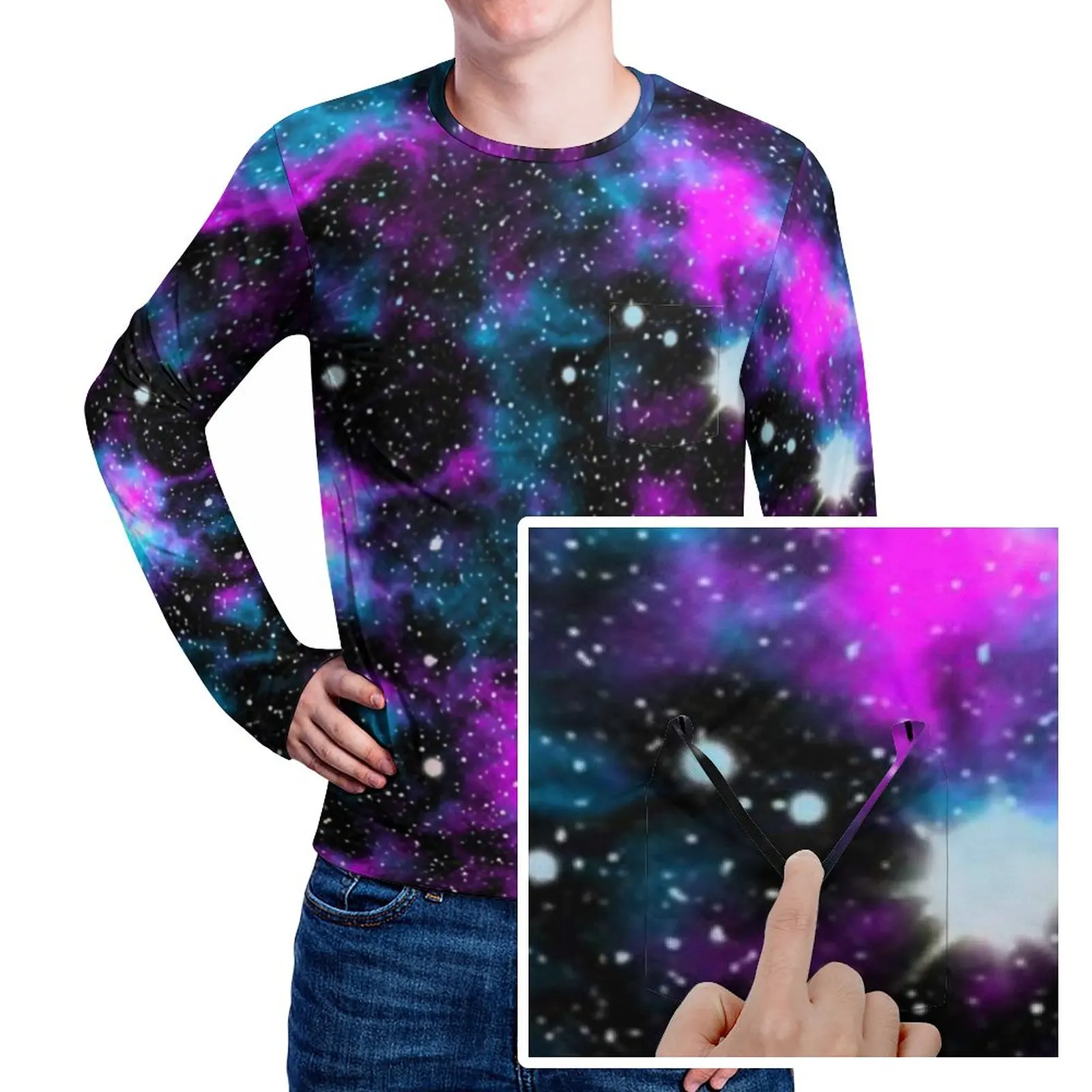 Blue And Purple Galaxy T-Shirt With Pocket Cosmic Neon Print Novelty T Shirts Men Basic Tshirt Long Sleeve Design Tops Plus Size