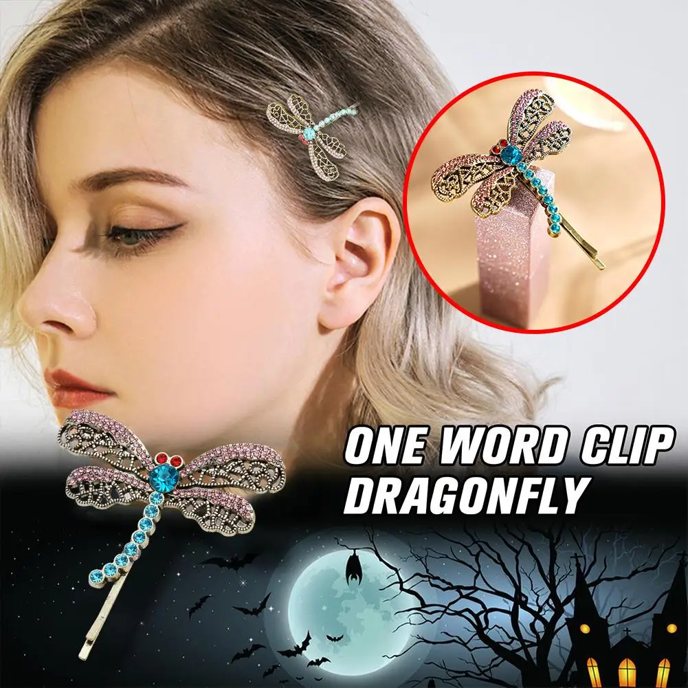 Vintage Dragonfly Hair Pin Bobby Pin Halloween Retro Rhinestone Dragonfly Hair Clip Side Clips One word clip dragonfly for Q2U3