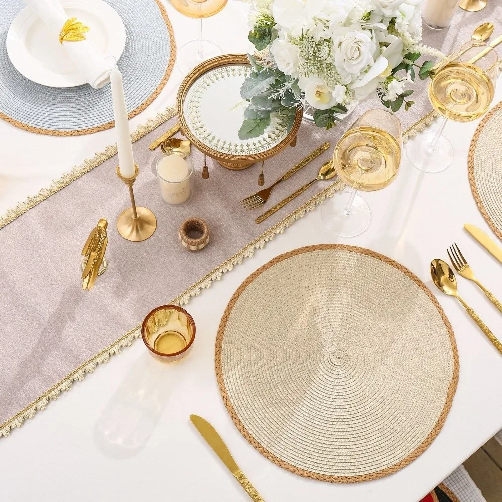 6pcs/set Bohemia Round Woven Placemats 15in Heat Resistant Boho Braided Table Mats Washable Non Slip Woven Dish Mats Christmas