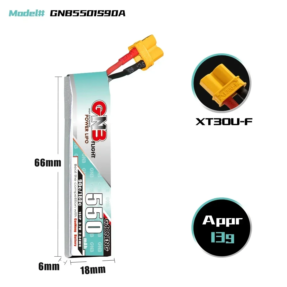 5 sztuk Gaoneng GNB 550mAh 1S 3.7V 90C/180C lekka bateria Lipo z wtyczką XT30 dla EMAX NanoHawk X RC Mini dron FPV