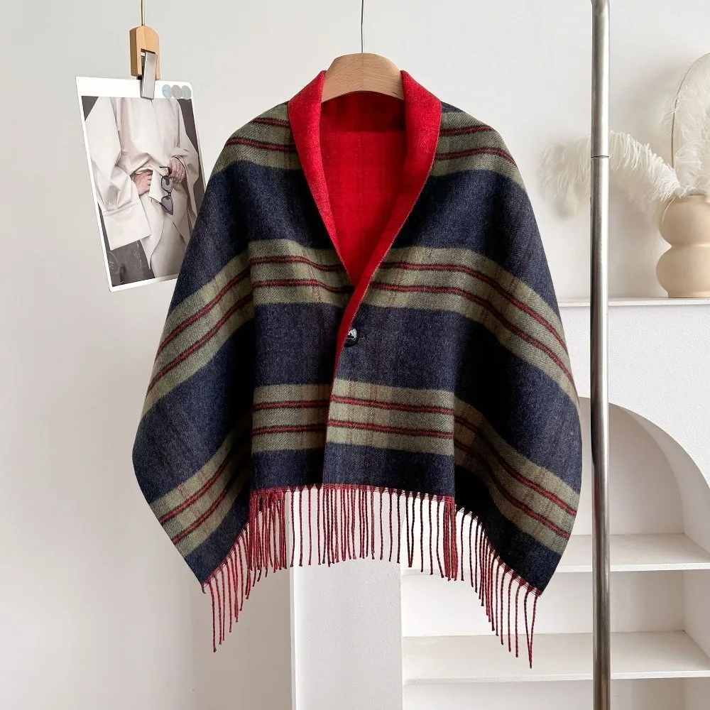 Multi-Functional Double‑Sided Plaid Poncho Shawl Thick Knit Tassel Trim Blanket Shawl Button Closure Faux Wool