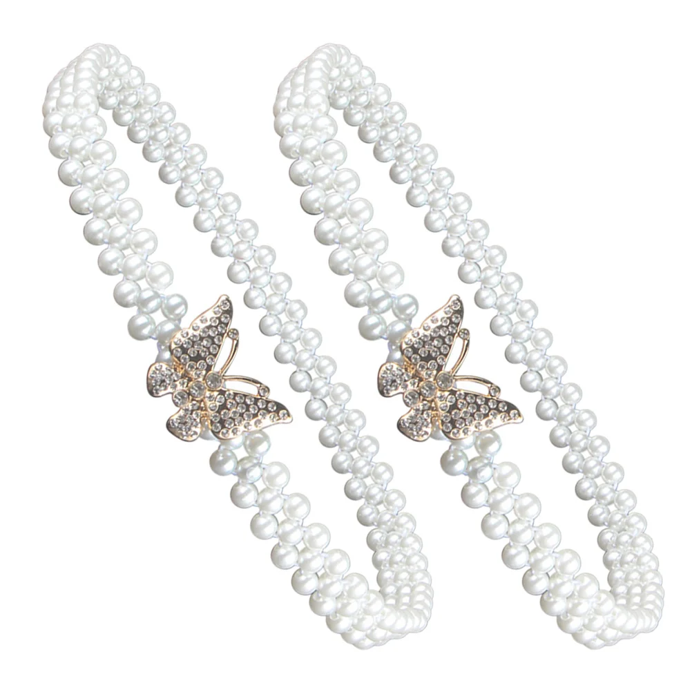

2Pcs Pearl Waist Belt Elastic Dress Belt Golden Butterfly Waist Chains Rhinestone Waistband Jewelry Wedding Party Accessories