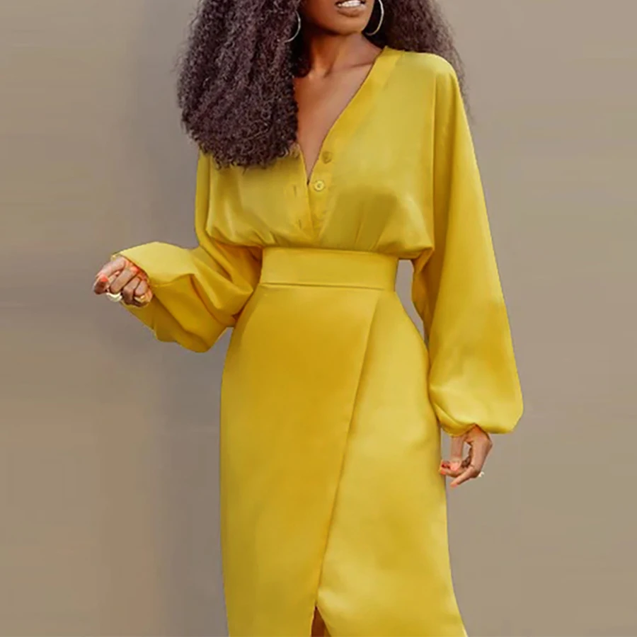 

Modigirl 2025 New Autumn Spring New Trendy Yellow Vintage Buttoned Blouse Long Sleeves V-neck Work Elegant Shirts Tops Summer