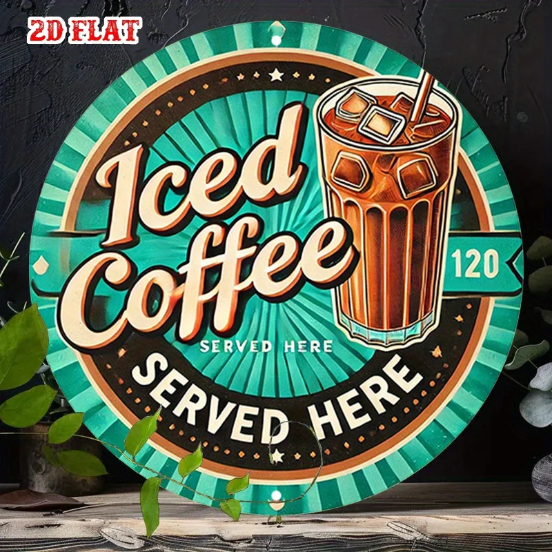 Letrero de aluminio redondo de café helado plano 2D, decoración de pared de Metal de fondo azul con diseño de cubitos de hielo y pajitas, perfecto para el hogar, 1 ud.