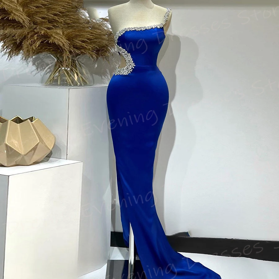 Klassische blaue Meerjungfrau elegante Frauen Abendkleider neue eine Schulter ärmellose Ballkleider sexy geteilte Perlen vestido de noche