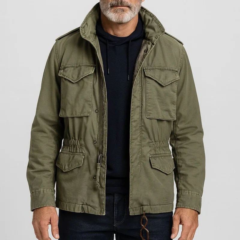 Men'S Cargo Jacket Vintage Casual Long Sleeve Work Coat With Multiple Pockets Outdoor Daily Wear Outerwear